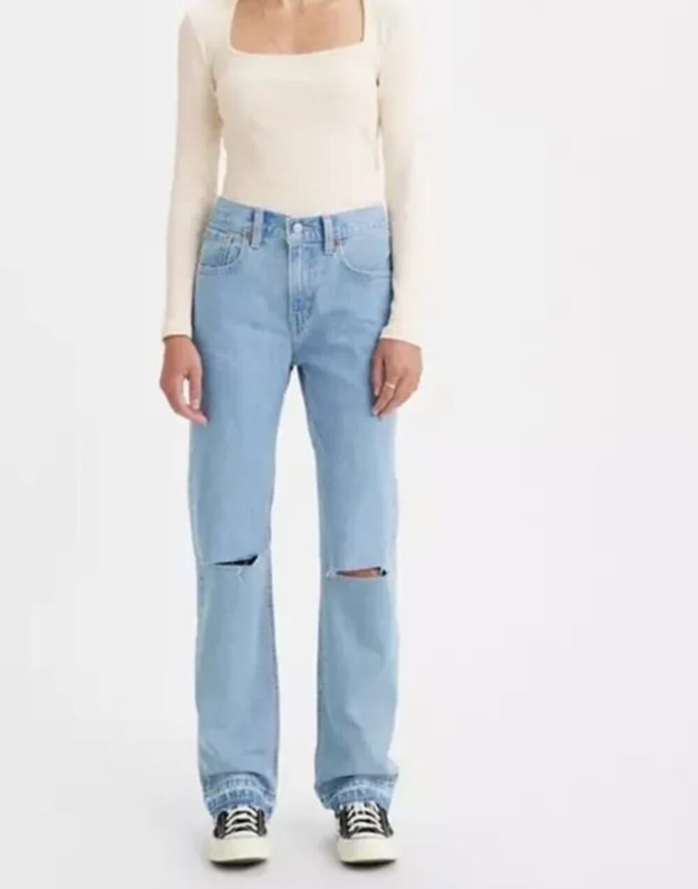 Levi's Low Pro Straight Leg Ripped Knees Released Raw Hem Jeans Blue 24